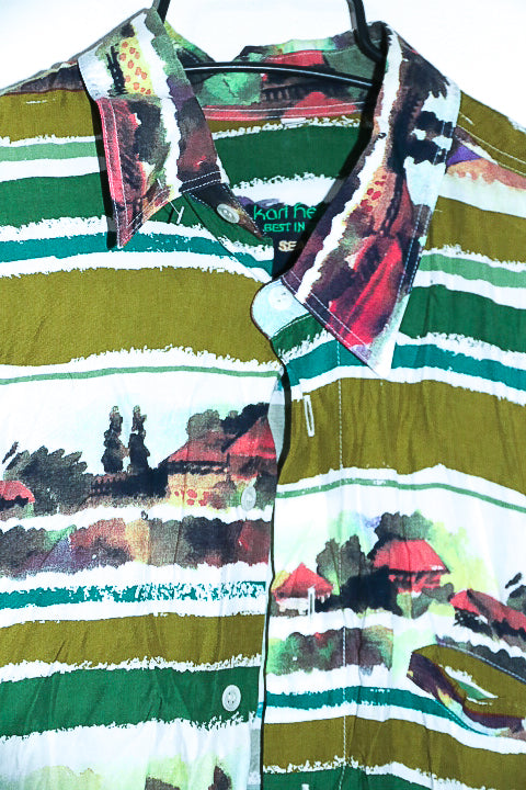 Vintage men Karl abstract print multi short sleeve shirt in M|L32 W23|SKU 6648
