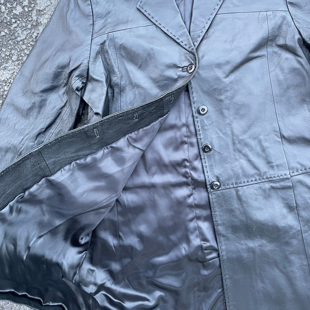 90's Deadstock Y2K Black Leather Stiche Coat Jacket, Vintage Goth Buffy Grunge Black Leather Coat, Size S  L/ xl  L 35 W 23 SKU 5307