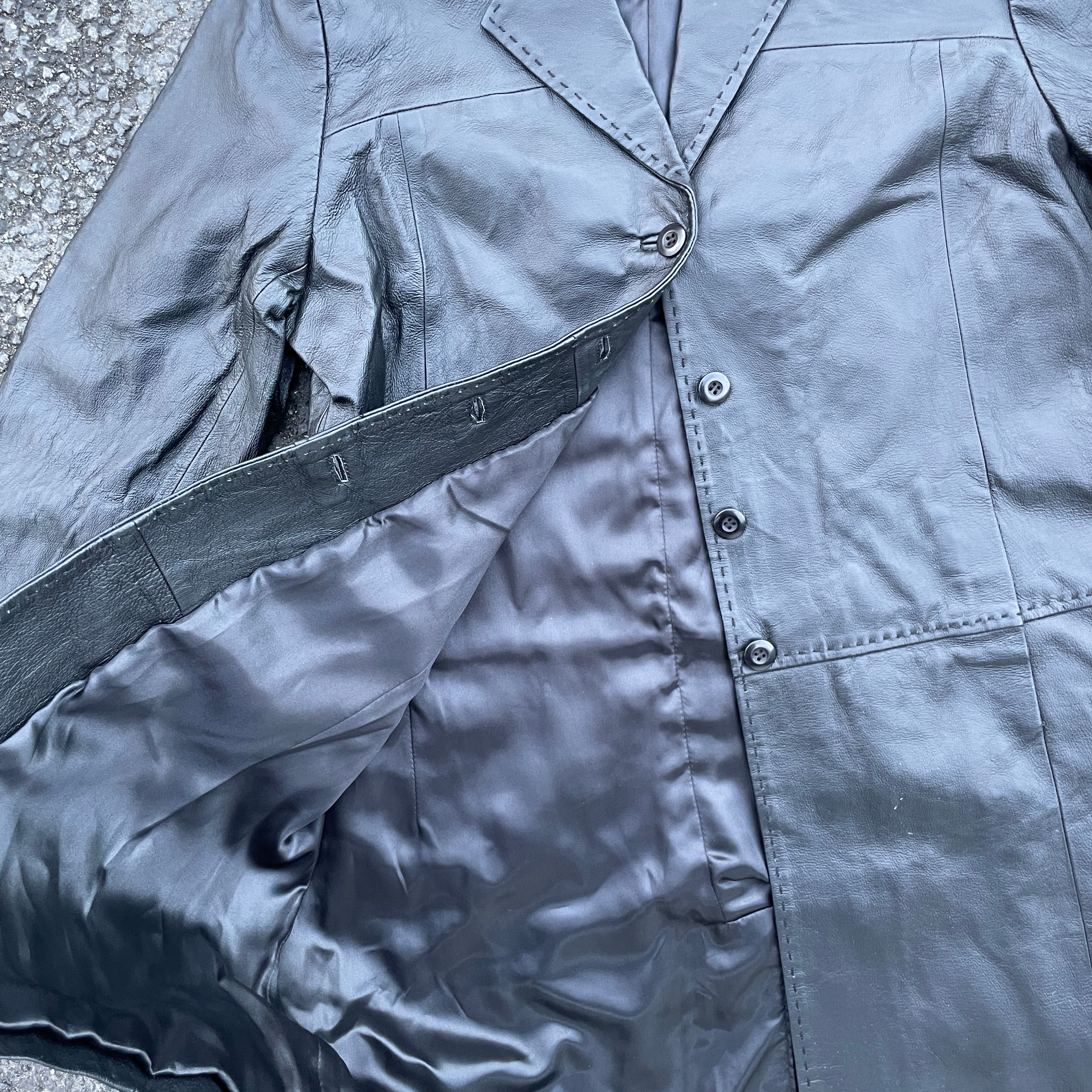 90's Deadstock Y2K Black Leather Stiche Coat Jacket, Vintage Goth Buffy Grunge Black Leather Coat, Size S  L/ xl  L 35 W 23 SKU 5307