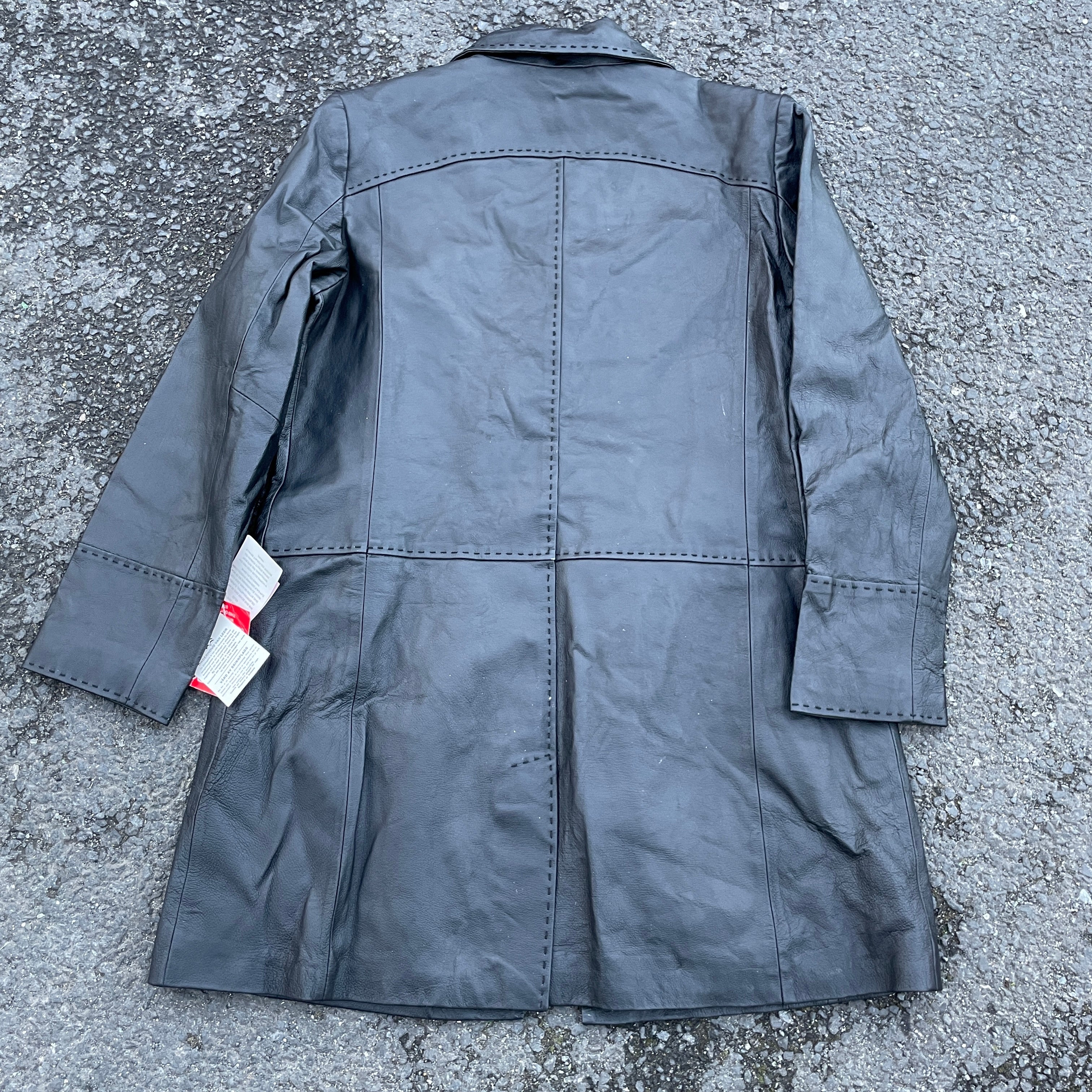 90's Deadstock Y2K Black Leather Stiche Coat Jacket, Vintage Goth Buffy Grunge Black Leather Coat, Size S  L/ xl  L 35 W 23 SKU 5307