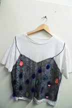 Vintage womens flower embroidery white tshirt