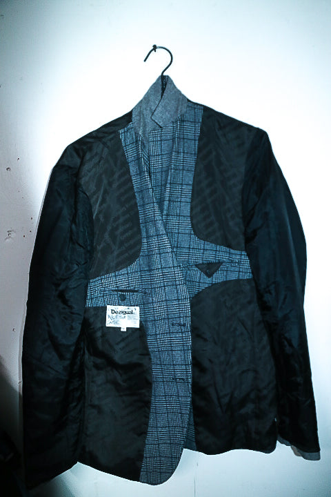 Vintage men Desigual grey tweed check casual fitted blazer in L|L34 W22|SKU 6653