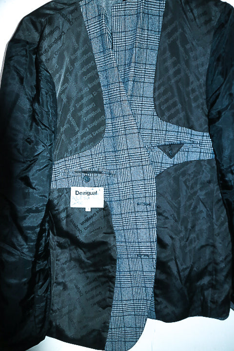 Vintage men Desigual grey tweed check casual fitted blazer in L|L34 W22|SKU 6653