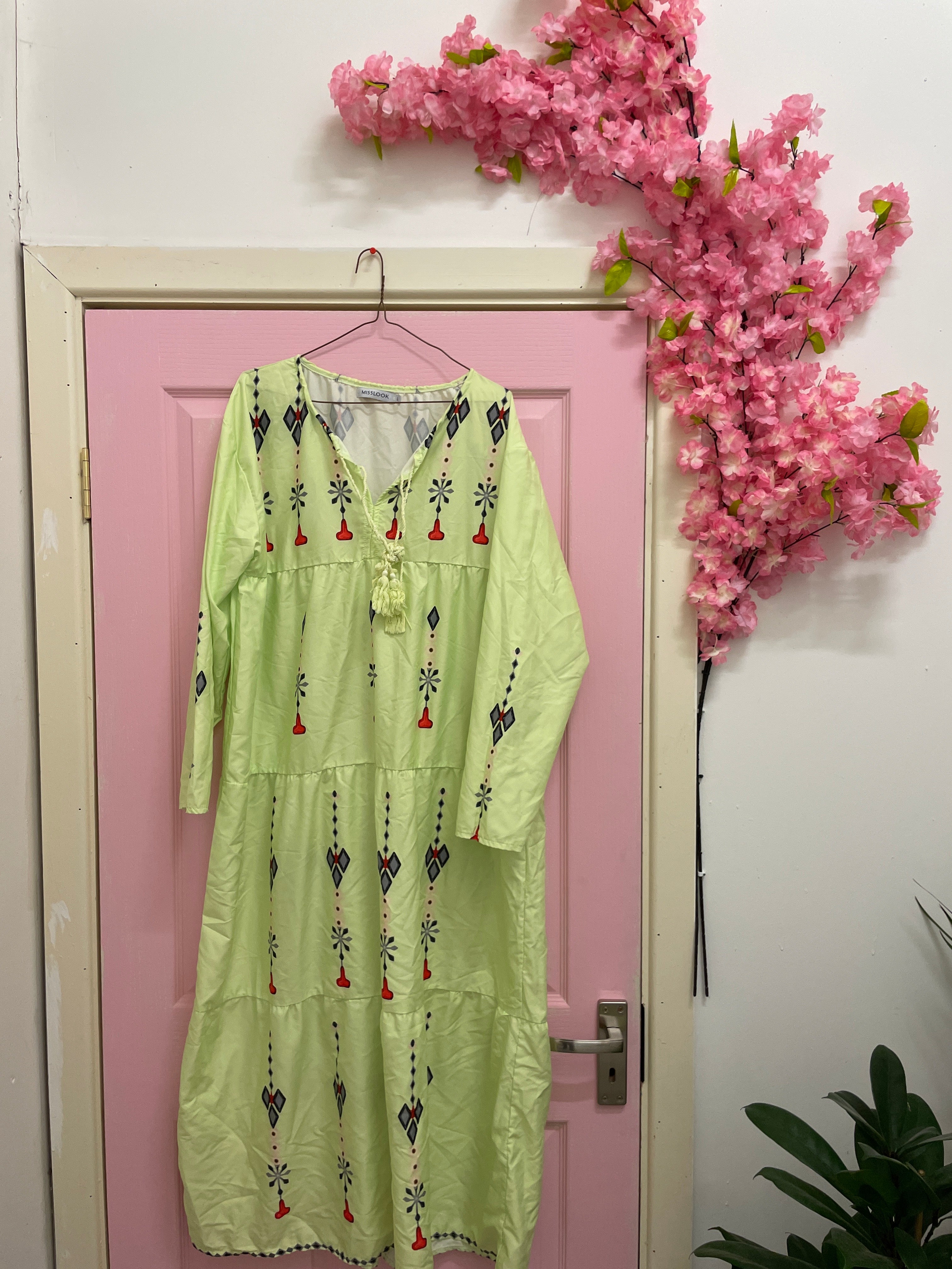Rubynee Vintage y2k Women Green Summer V-neck Long Sleeve patterned maxi dress