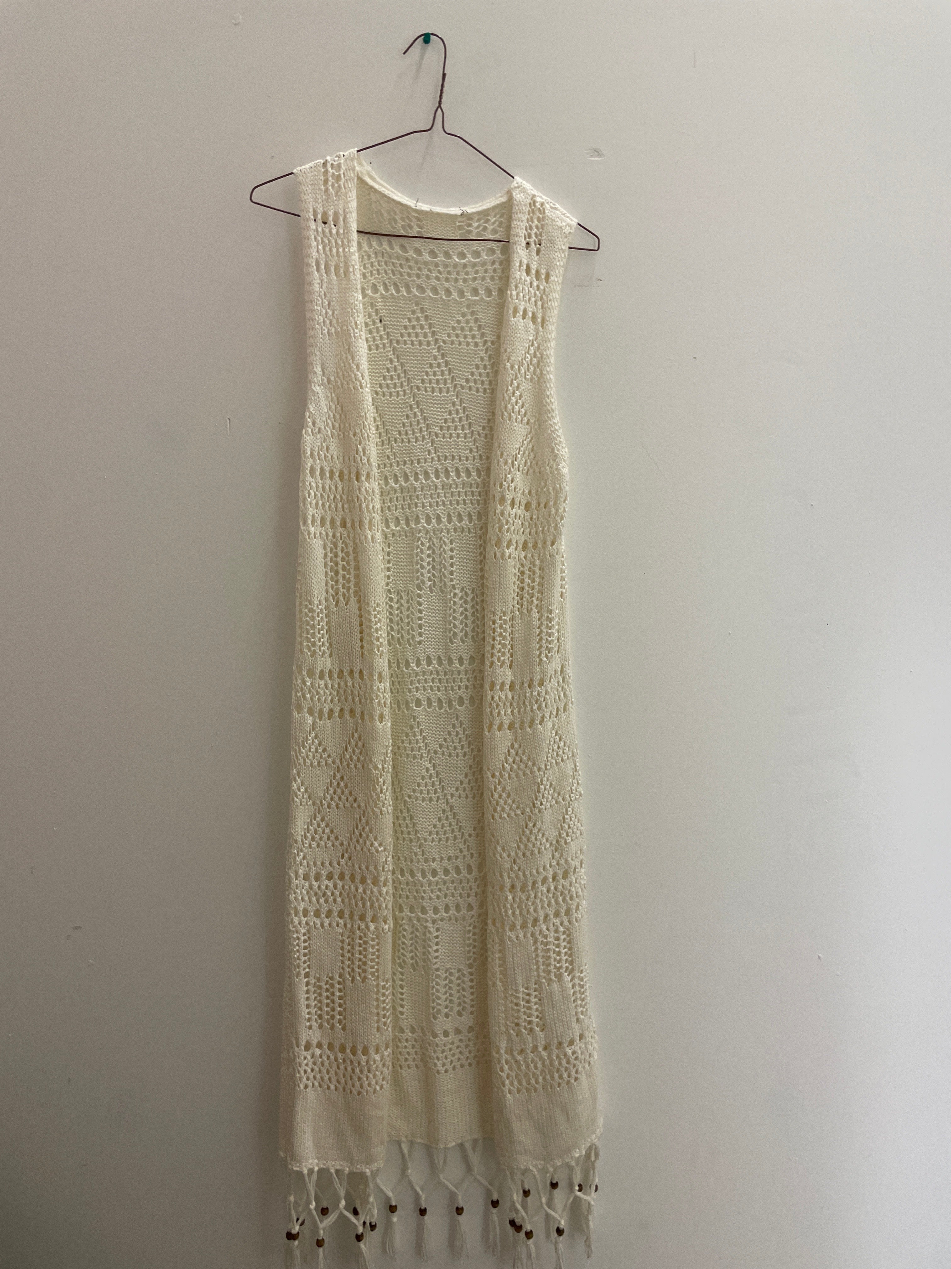 Rubynee Vintage y2k Long Fringe Crochet Vest Hippie Beach Cover Up in Cream