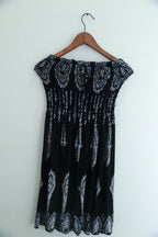 Vintage black printed womens mini beach off shoulder dress uk 8