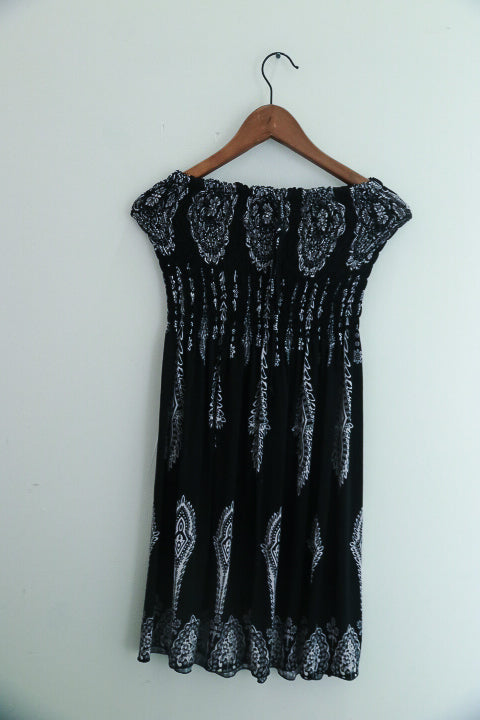 Vintage black printed womens mini beach off shoulder dress uk 8