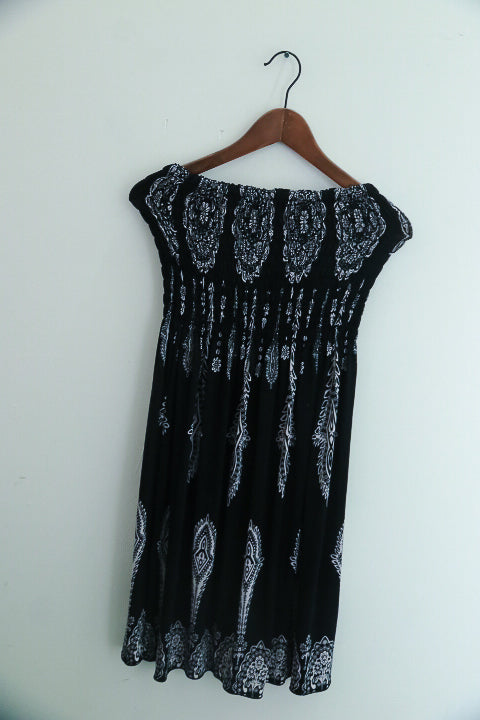 Vintage black printed womens mini beach off shoulder dress uk 8