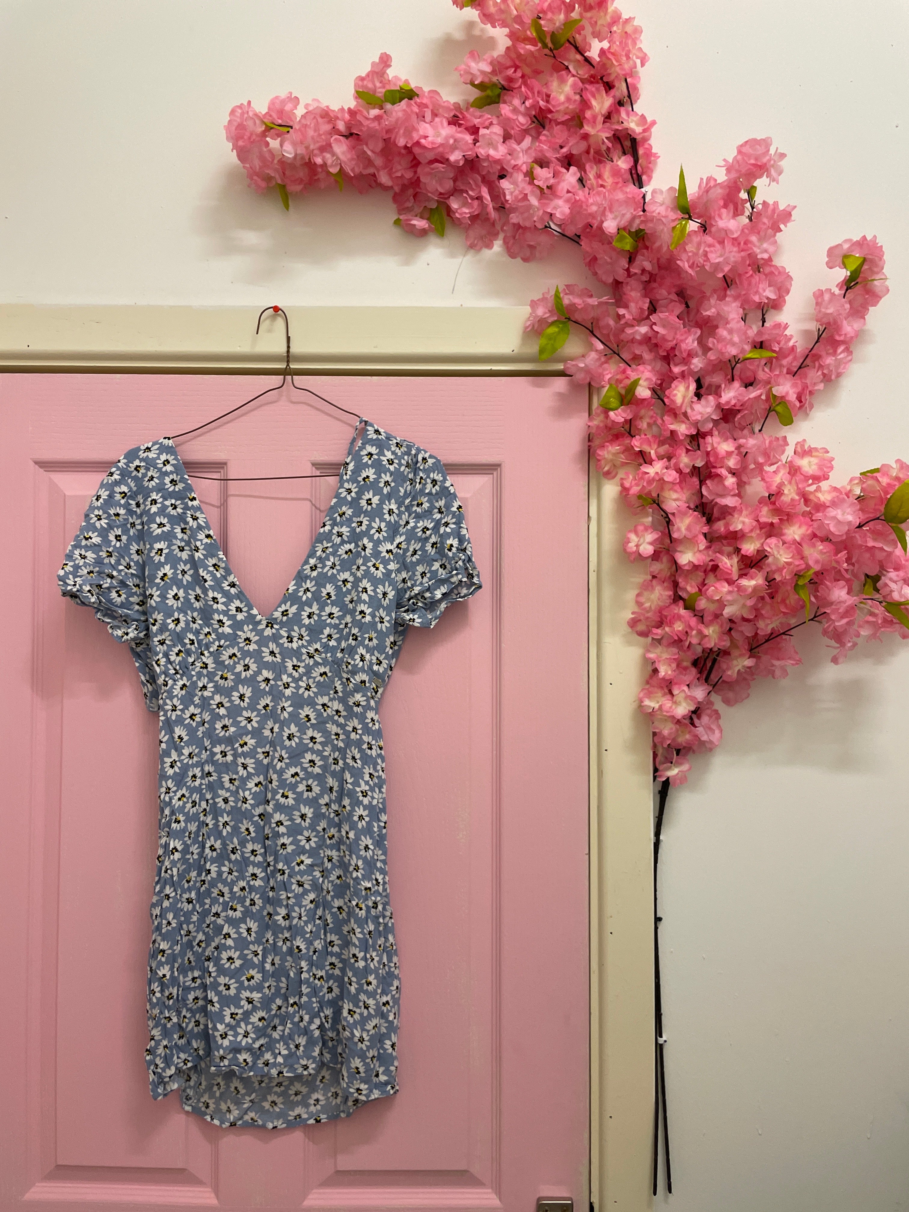 Rubynee Vintage y2k Blue floral patterned Wrap Front Frill Sleeve dress