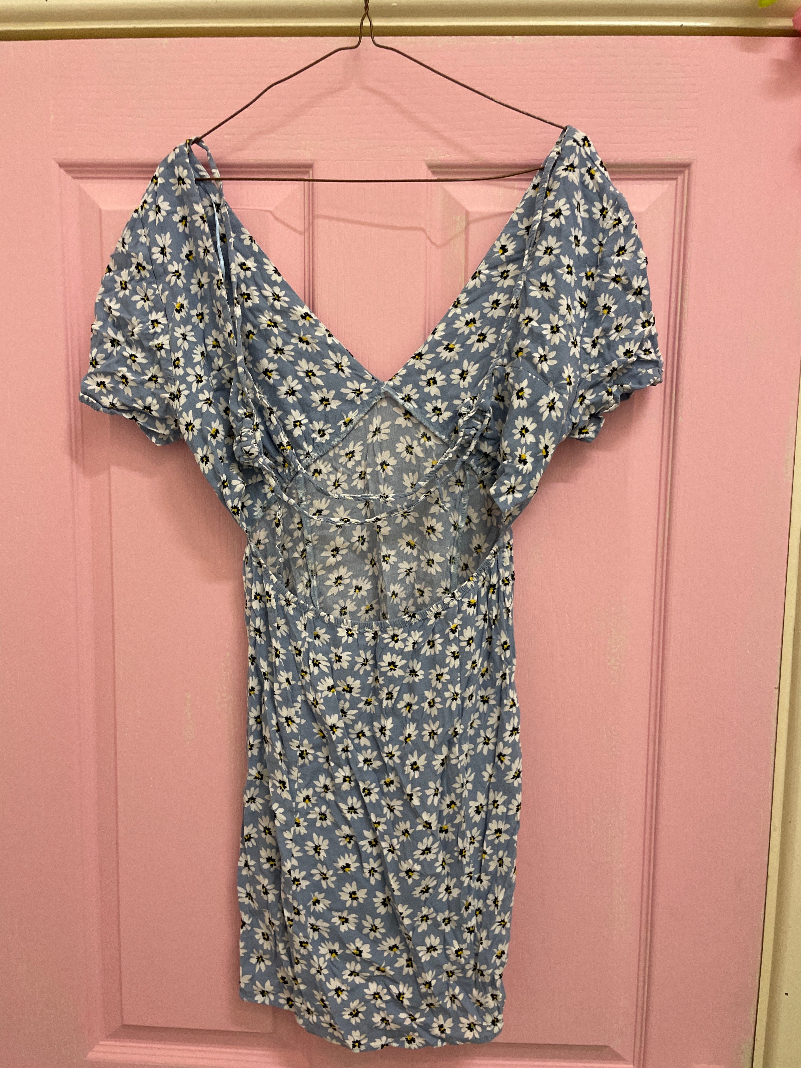 Rubynee Vintage y2k Blue floral patterned Wrap Front Frill Sleeve dress