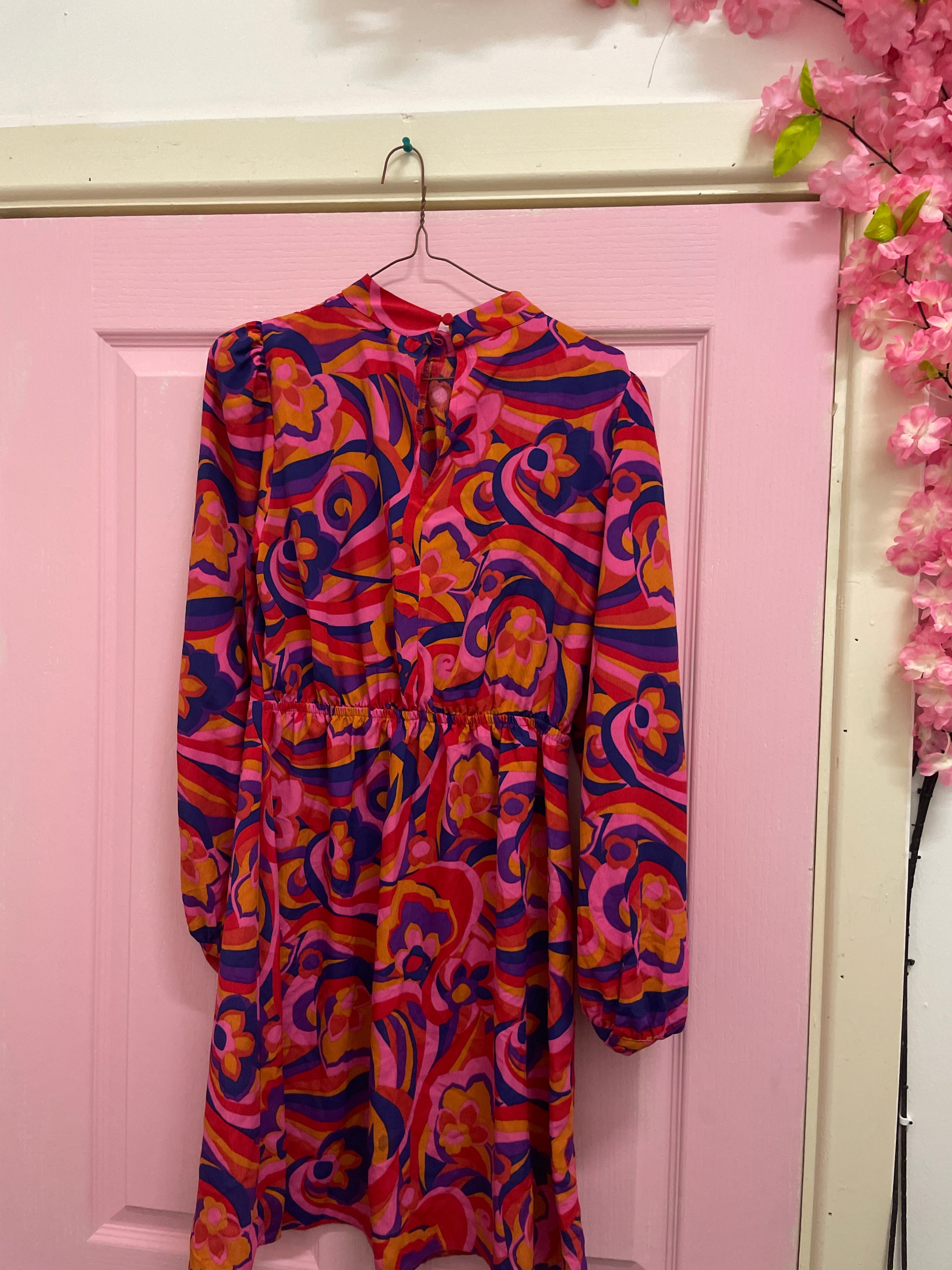 Rubynee Vintage y2k allover print pink women long sleeve midi dress