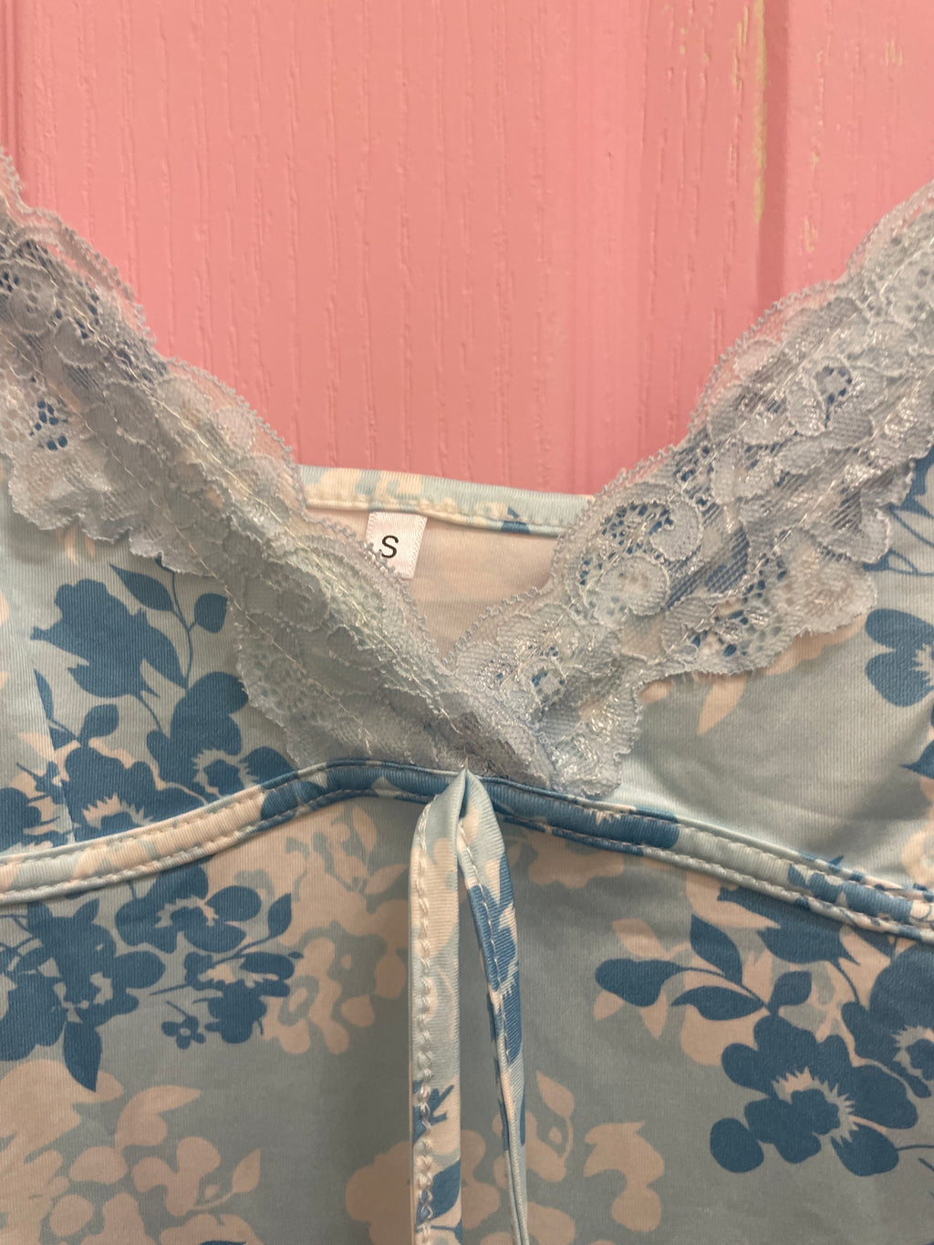 Rubynee Vintage y2k Spaghetti Strap Lace Trim Floral Blue Mini Dress