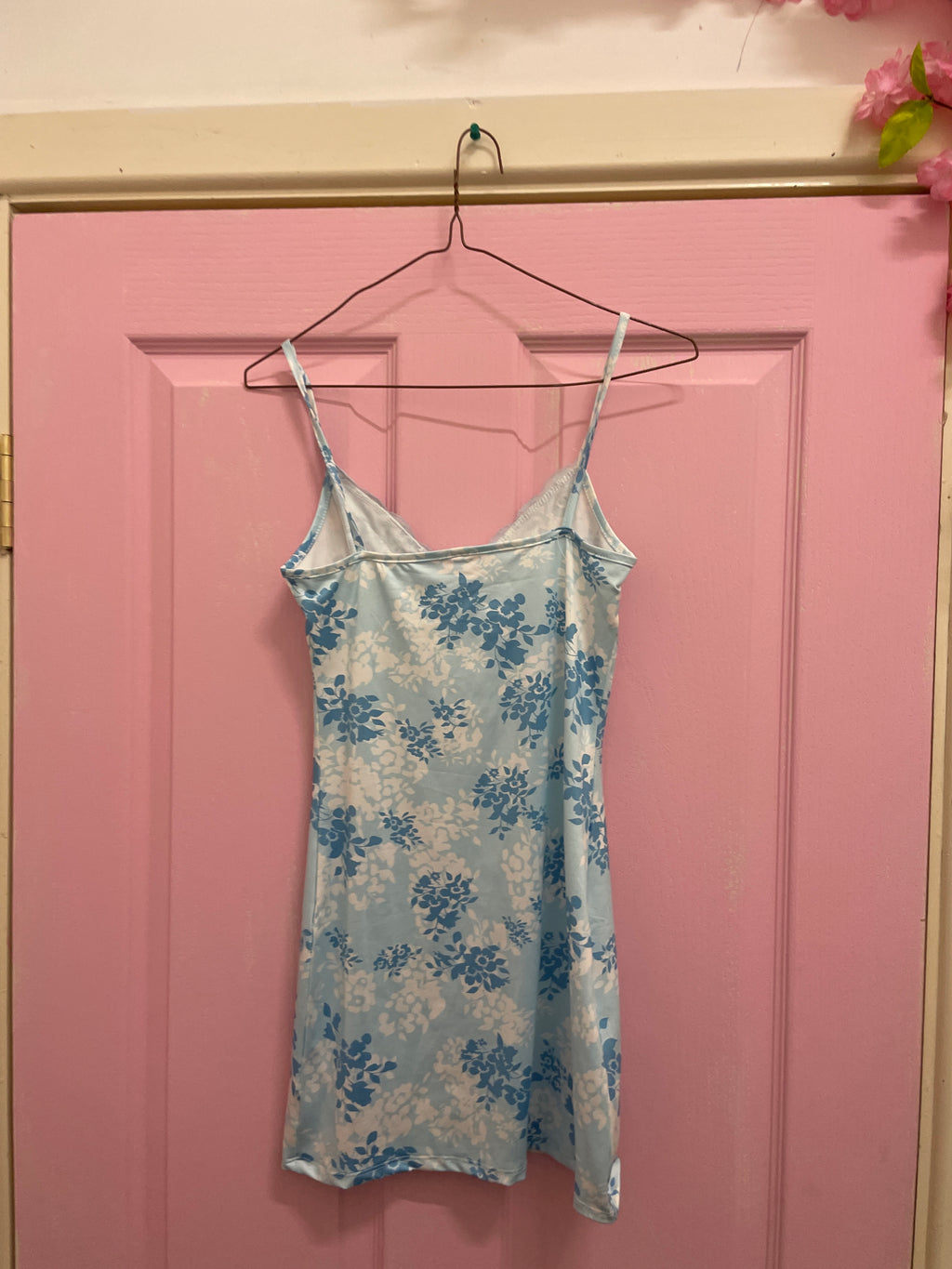 Rubynee Vintage y2k Spaghetti Strap Lace Trim Floral Blue Mini Dress