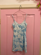 Rubynee Vintage y2k Spaghetti Strap Lace Trim Floral Blue Mini Dress