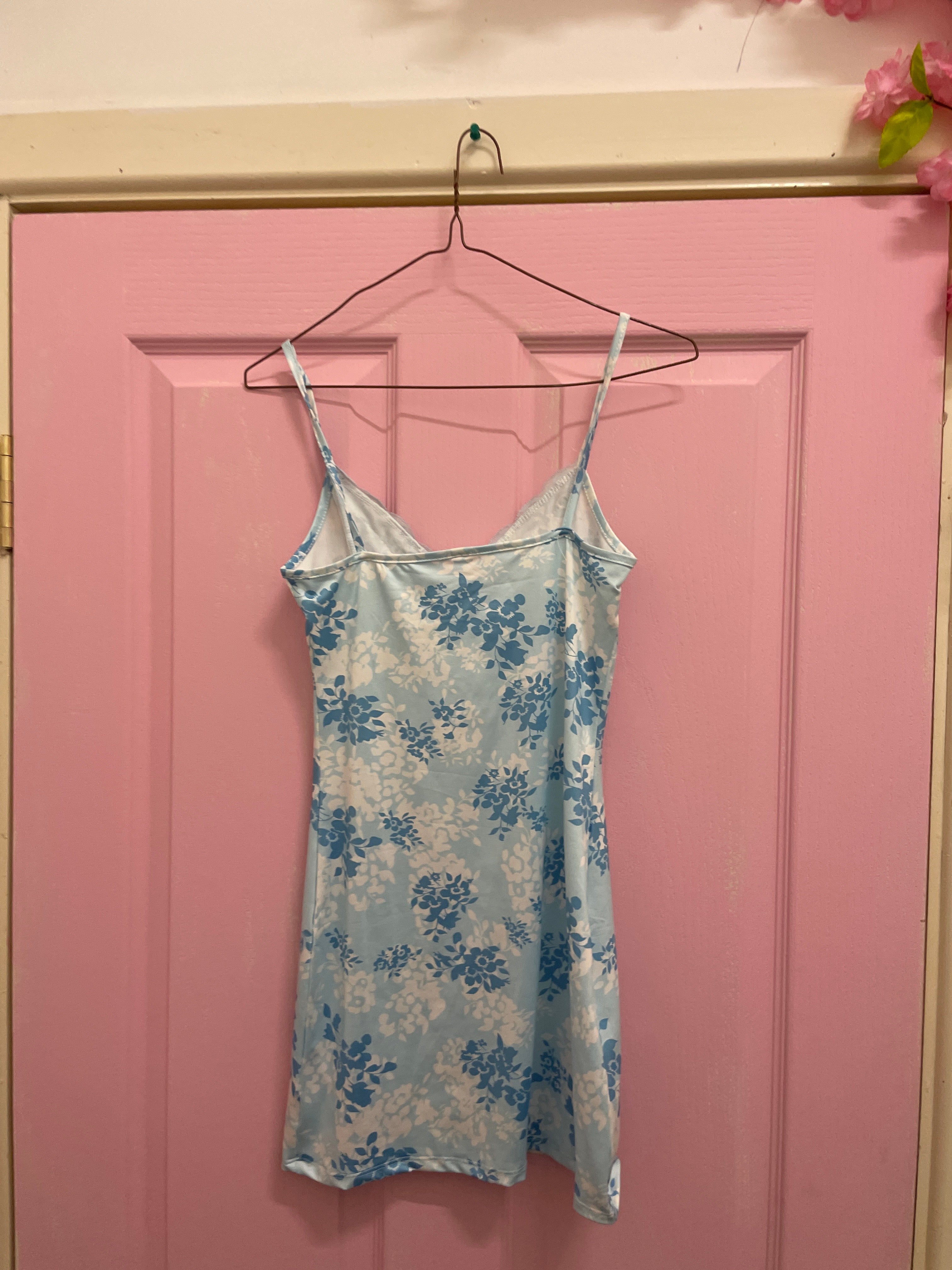 Rubynee Vintage y2k Spaghetti Strap Lace Trim Floral Blue Mini Dress