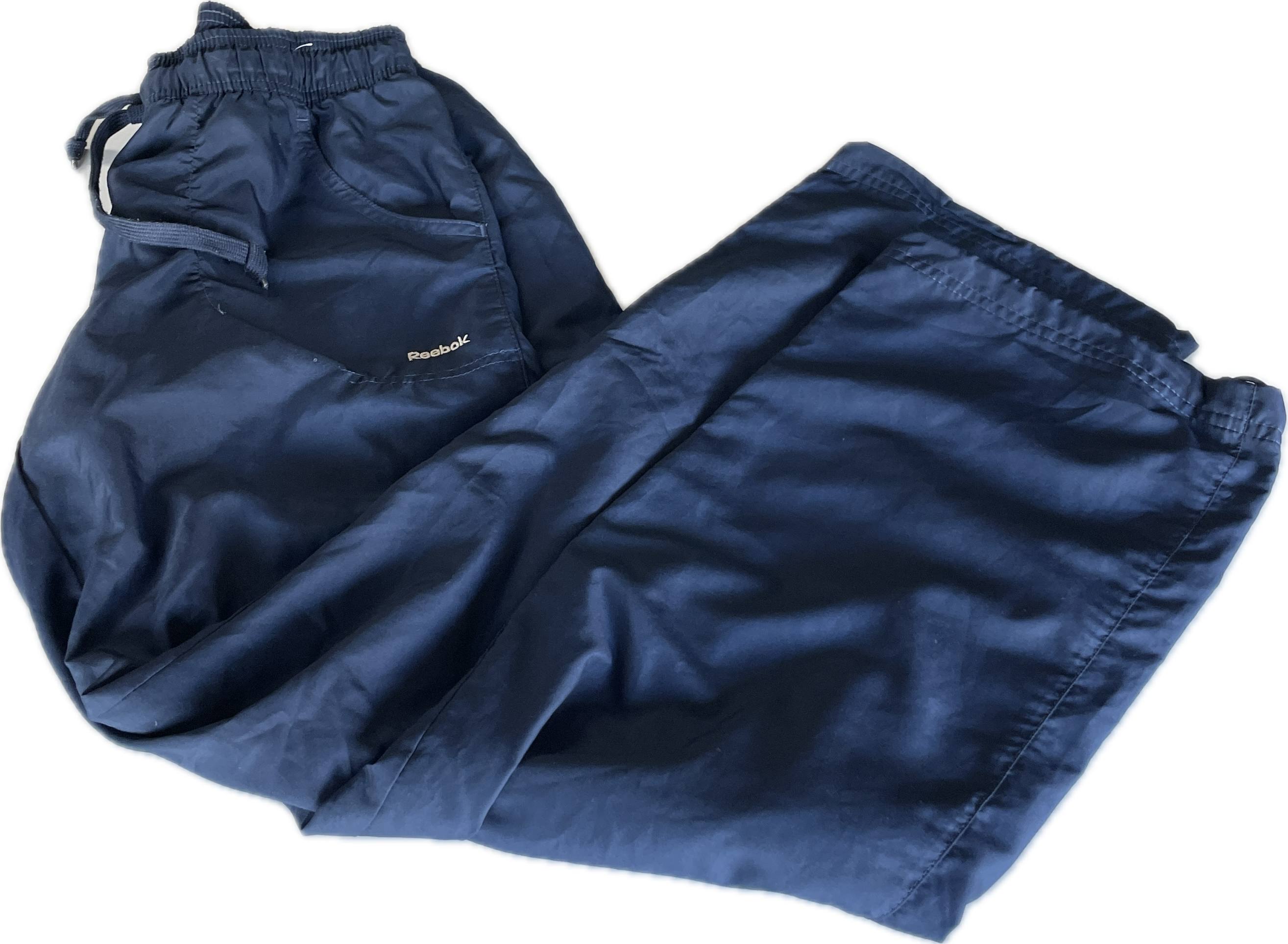 Vintage Reebok Women's Activewear Trousers | Navy Blue Mesh Lined Roll-Up Track Pants Medium SKU 5285