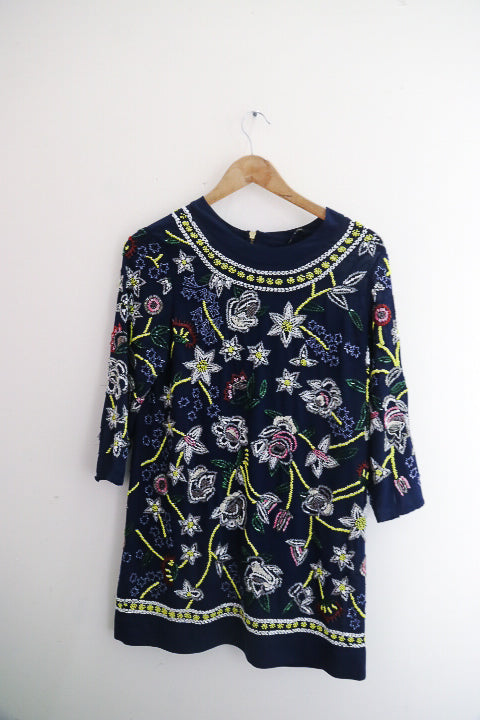 Vintage River island floral sequin midi womens blue dress siz 10