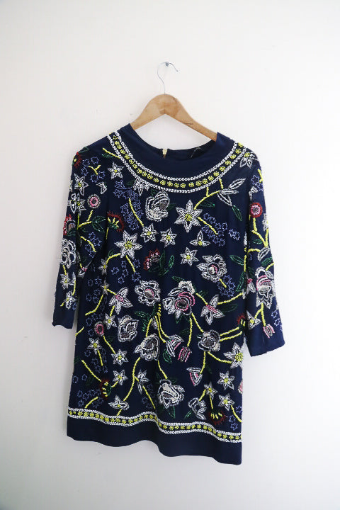 Vintage River island floral sequin midi womens blue dress siz 10