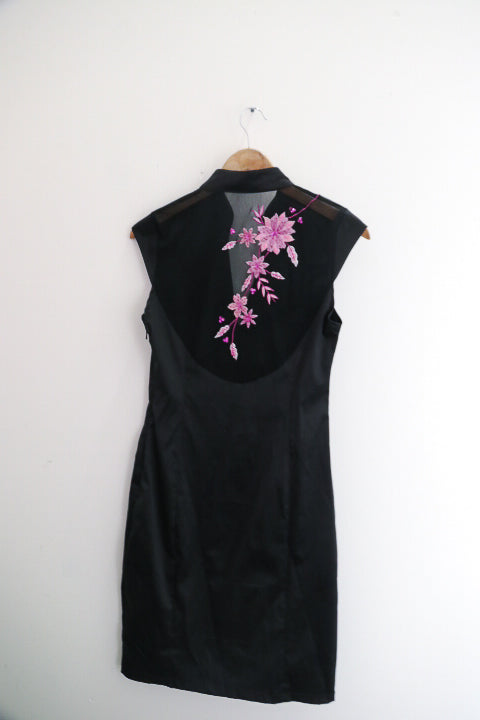 VINTAGE JANE NORMAN BLACK & PINK EMBROIDERED SATIN DRESS