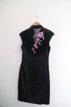 VINTAGE JANE NORMAN BLACK & PINK EMBROIDERED SATIN DRESS