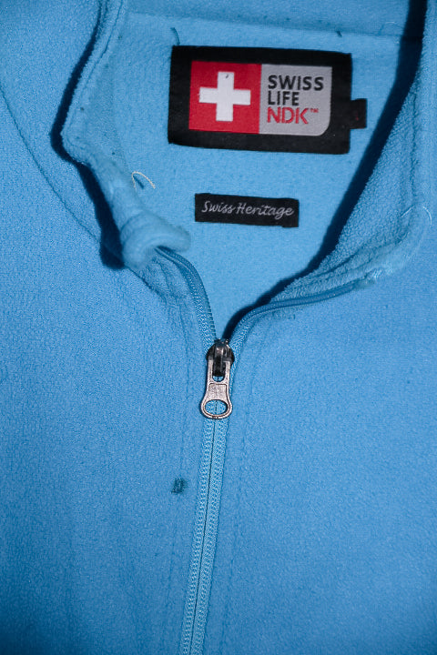 Vintage mens Swiss heritage life NDK  blue fleece full zip high neck sweater in L|L31W23|SKU 6696