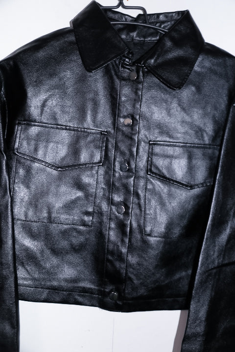 Women black Flap pocket genuine leather biker crop button down jacket M/L|L21W18|SKU 6698