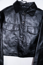 Women black Flap pocket genuine leather biker crop button down jacket M/L|L21W18|SKU 6698