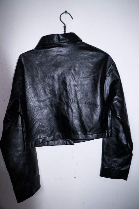 Women black Flap pocket genuine leather biker crop button down jacket M/L|L21W18|SKU 6698