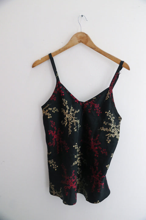 Vintage womens black floral print two piece tank top and a short uk 12-14