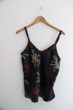 Vintage womens black floral print two piece tank top and a short uk 12-14