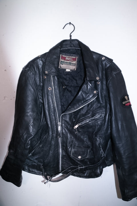 Vintage men Akaso Guiness genuine leather black leather biker zipper jacket M|L29W21|SKU 6711