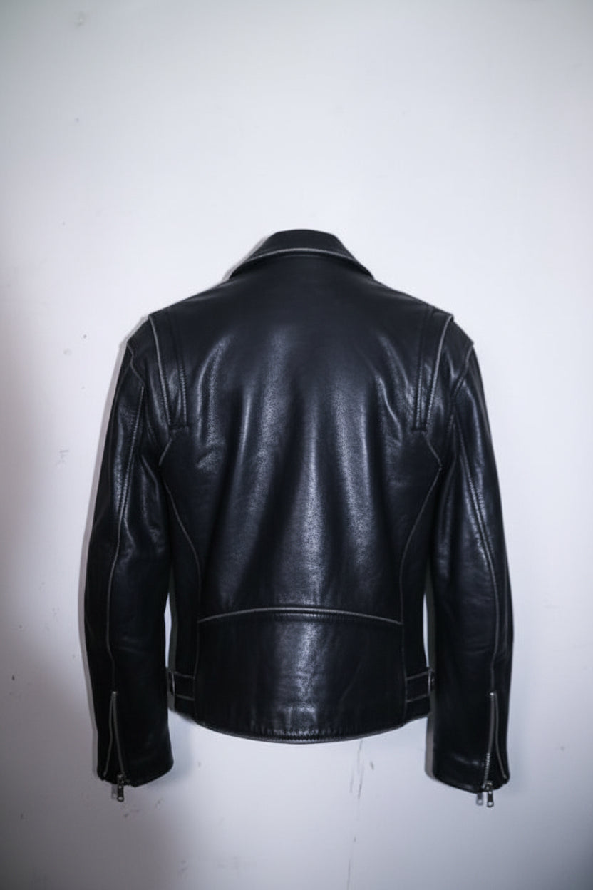 Vintage men Akaso Guiness genuine leather black leather biker zipper jacket M|L29W21|SKU 6711