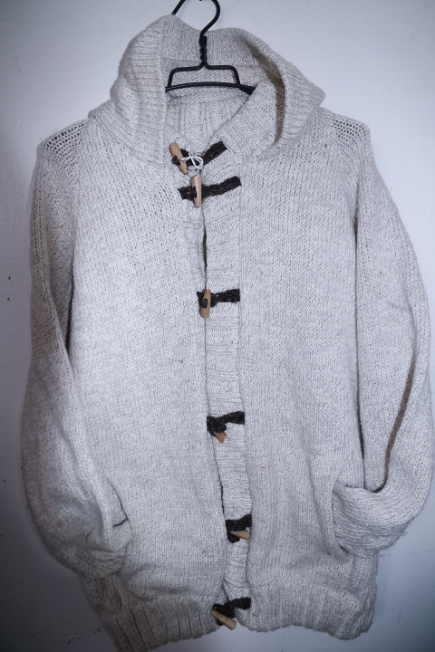 Vintage Long Cardigan Chunky Knit Women's Beige Knitted Coat with Hood & Toggle Closure M/L|L28 W21 SKU 6714