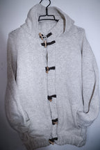 Vintage Long Cardigan Chunky Knit Women's Beige Knitted Coat with Hood & Toggle Closure M/L|L28 W21 SKU 6714