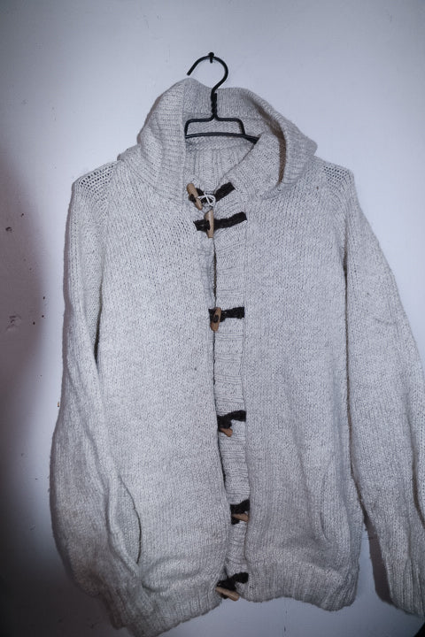 Vintage Long Cardigan Chunky Knit Women's Beige Knitted Coat with Hood & Toggle Closure M/L|L28 W21 SKU 6714