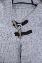 Vintage Long Cardigan Chunky Knit Women's Beige Knitted Coat with Hood & Toggle Closure M/L|L28 W21 SKU 6714