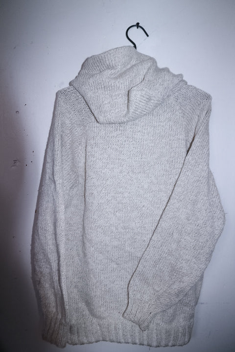 Vintage Long Cardigan Chunky Knit Women's Beige Knitted Coat with Hood & Toggle Closure M/L|L28 W21 SKU 6714