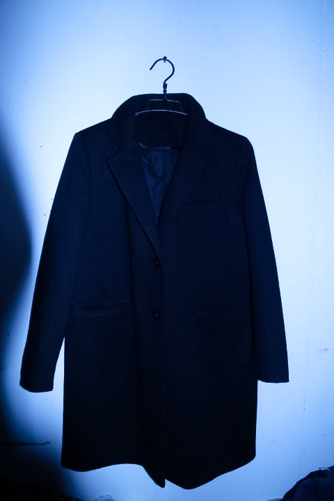 Vintage men Wool blend Tailored long navy single breast Coat UK 16|L41 W22|SKU 6717