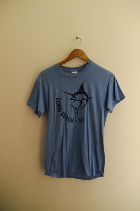 Vintage Long Beach New York graphics mens blue premium short tees