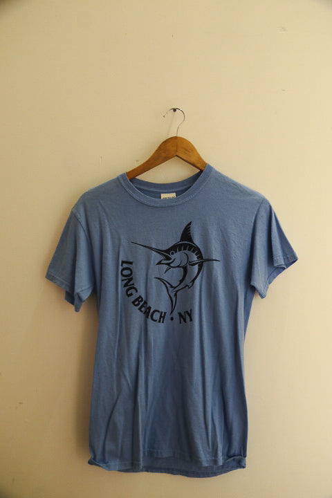 Vintage Long Beach New York graphics mens blue premium short tees