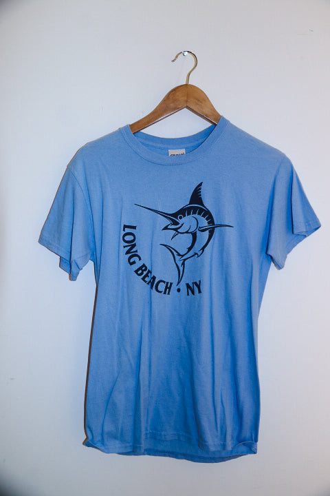 Vintage Long Beach New York graphics mens blue premium short tees