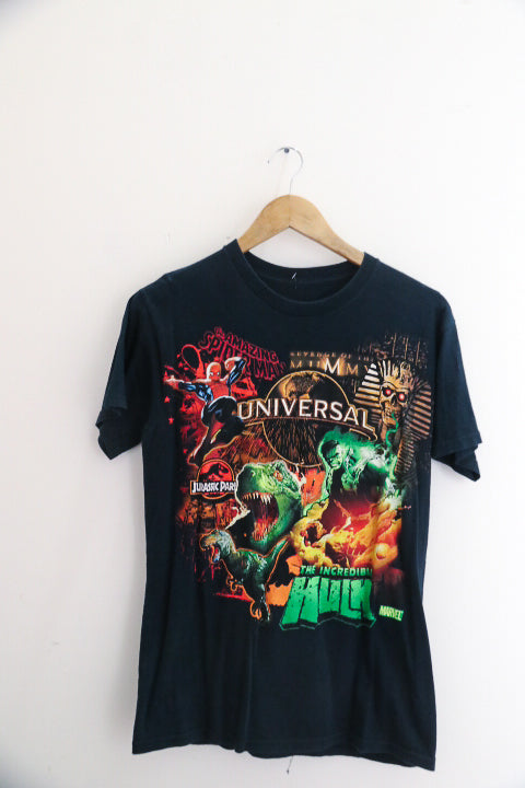 Vintage 2000s // Universal Studios // Spiderman Hulk Mummy Jurassic Park // Faded Distressed Black Small Tee