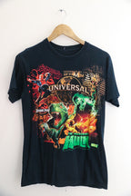 Vintage 2000s // Universal Studios // Spiderman Hulk Mummy Jurassic Park // Faded Distressed Black Small Tee