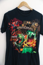 Vintage 2000s // Universal Studios // Spiderman Hulk Mummy Jurassic Park // Faded Distressed Black Small Tee