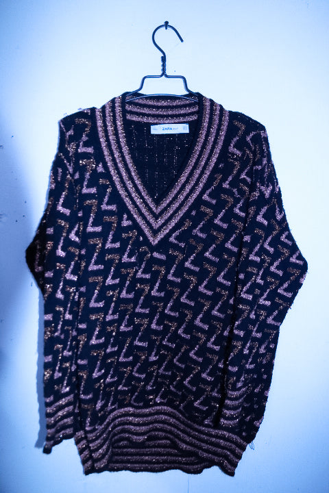 Vintage women Zara Knit metallic geometric Z V-neck oversize Navy sweater S|L33 W24|SKU 6721