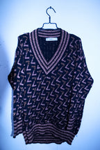 Vintage women Zara Knit metallic geometric Z V-neck oversize Navy sweater S|L33 W24|SKU 6721