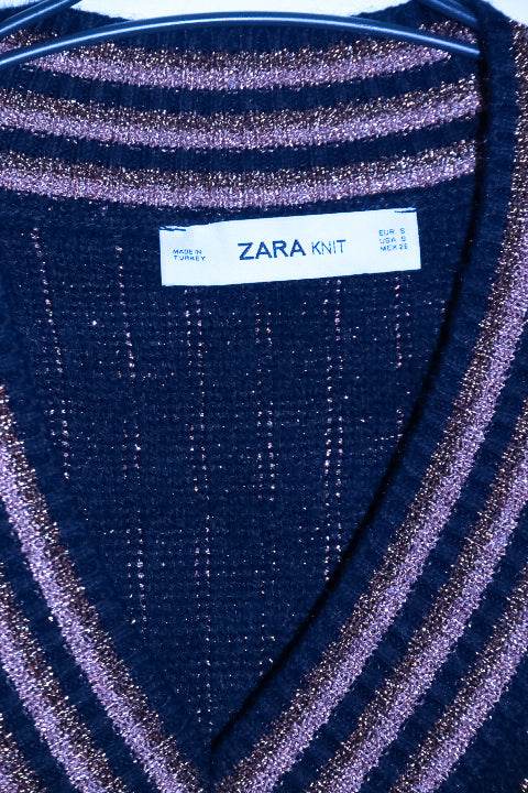 Vintage women Zara Knit metallic geometric Z V-neck oversize Navy sweater S|L33 W24|SKU 6721