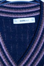 Vintage women Zara Knit metallic geometric Z V-neck oversize Navy sweater S|L33 W24|SKU 6721