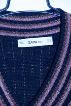 Vintage women Zara Knit metallic geometric Z V-neck oversize Navy sweater S|L33 W24|SKU 6721