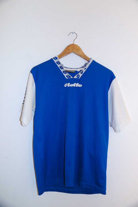 Vintage mens Lotto V-neck blue and white tees